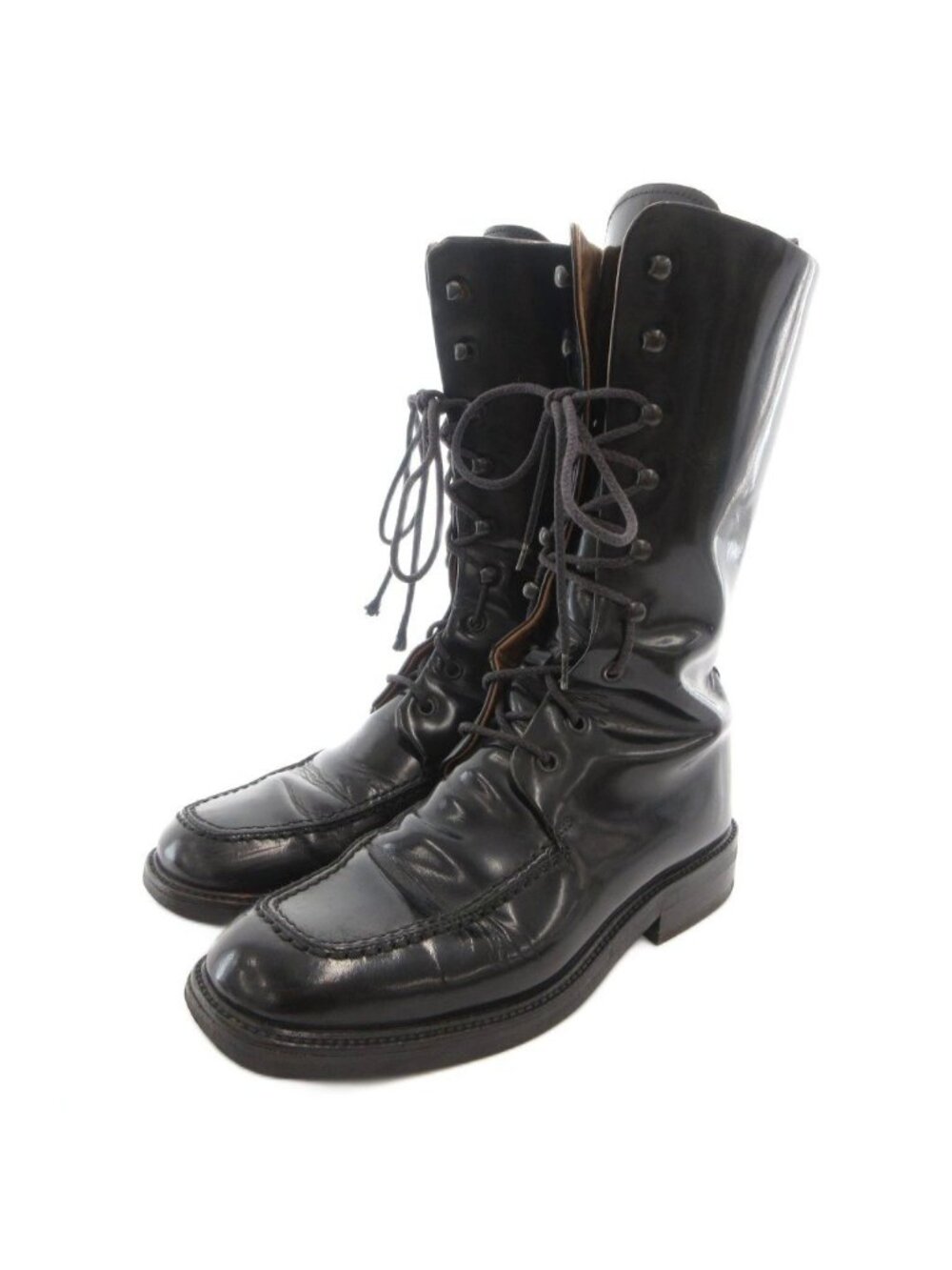 Gucci Long Boots Shoes Lace-up Square Toe Chip Leather Black 6